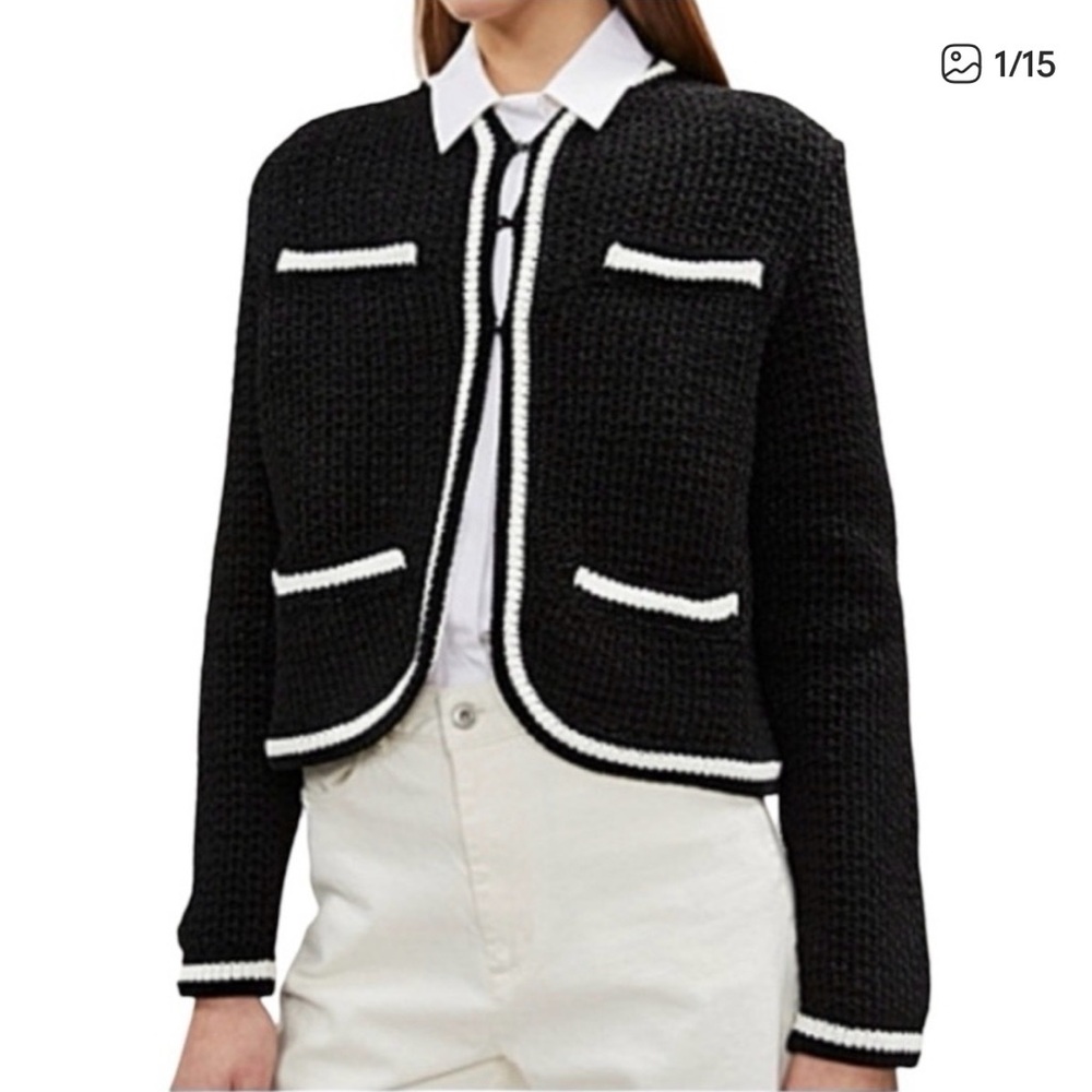 Maje Moniclou Metallic Tweed Jacket Black with White Trim French Girl Chic